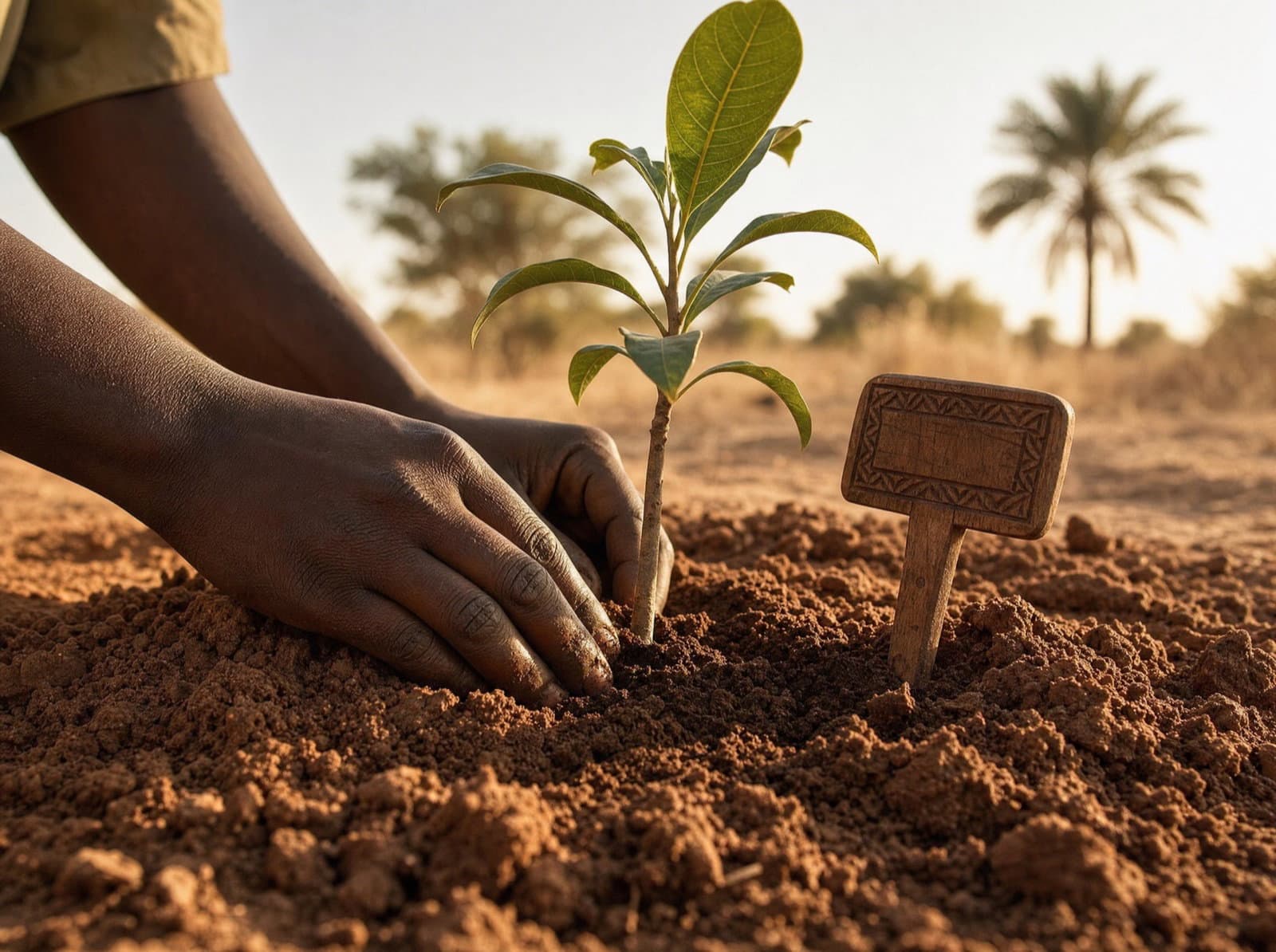 Mains plantant un jeune arbre fruitier dans la terre rouge au Sénégal